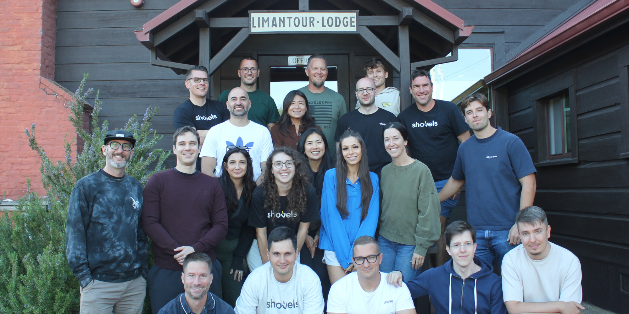 The Shovels team in front of Limantour Lodge at the 2026 team summit