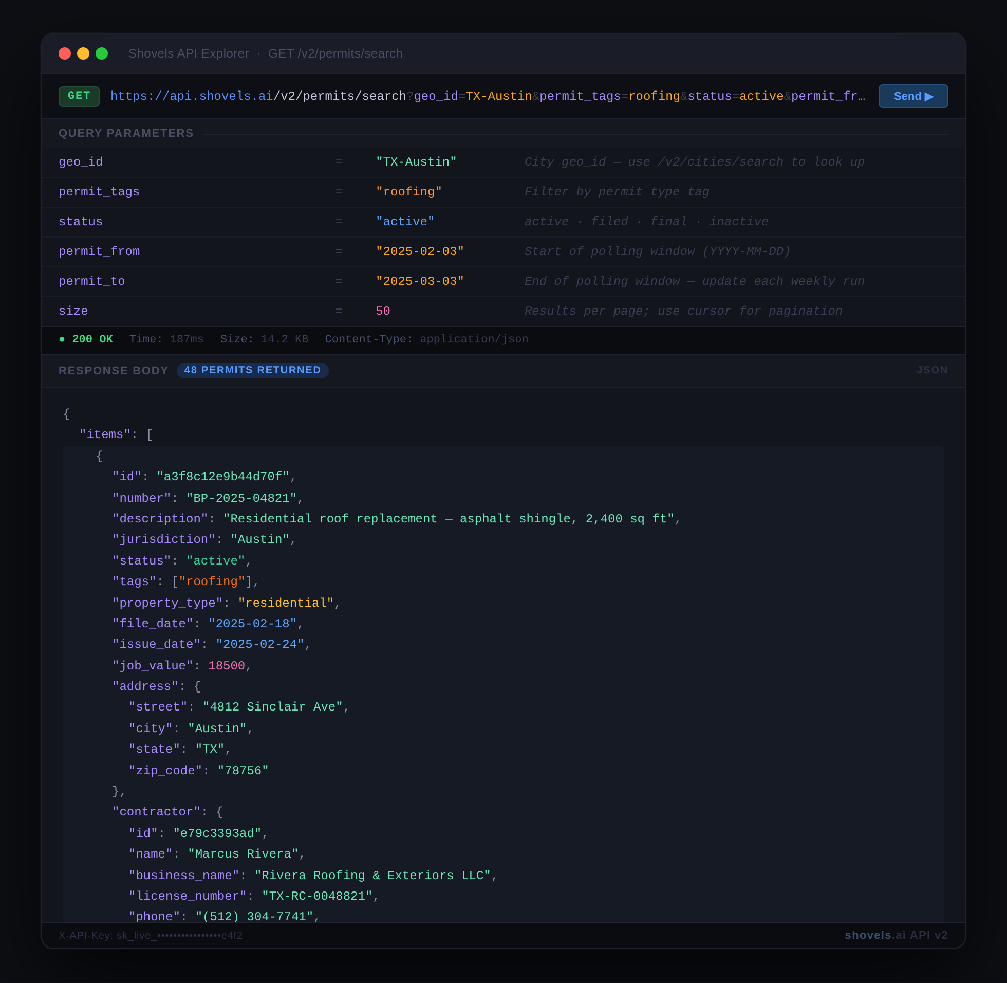 Shovels API request example