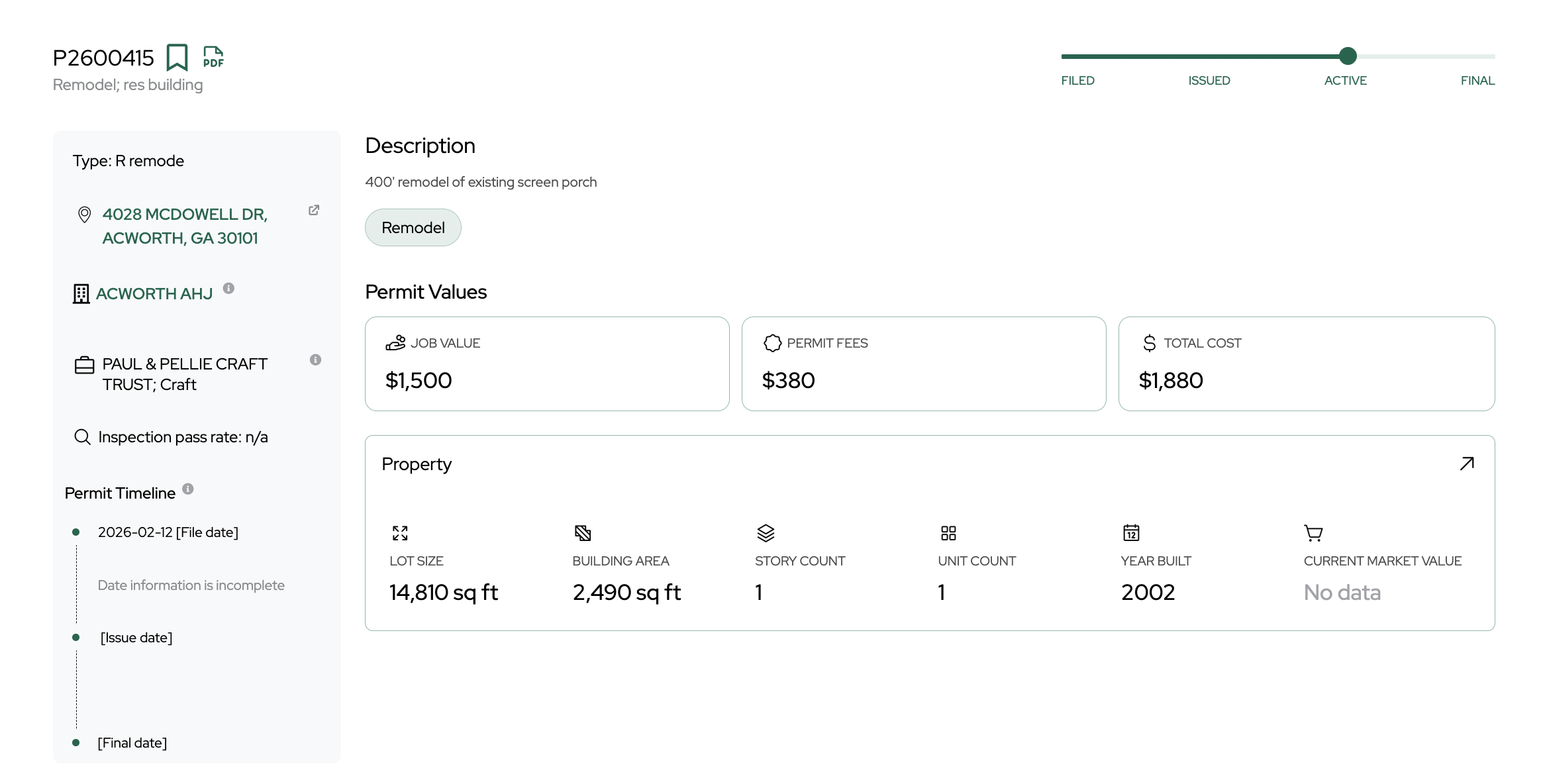 Example of a remodel permit pulled from Shovels Online
