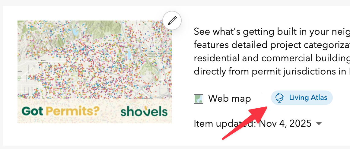 Shovels Esri Living Atlas map of construction permits in LA county
