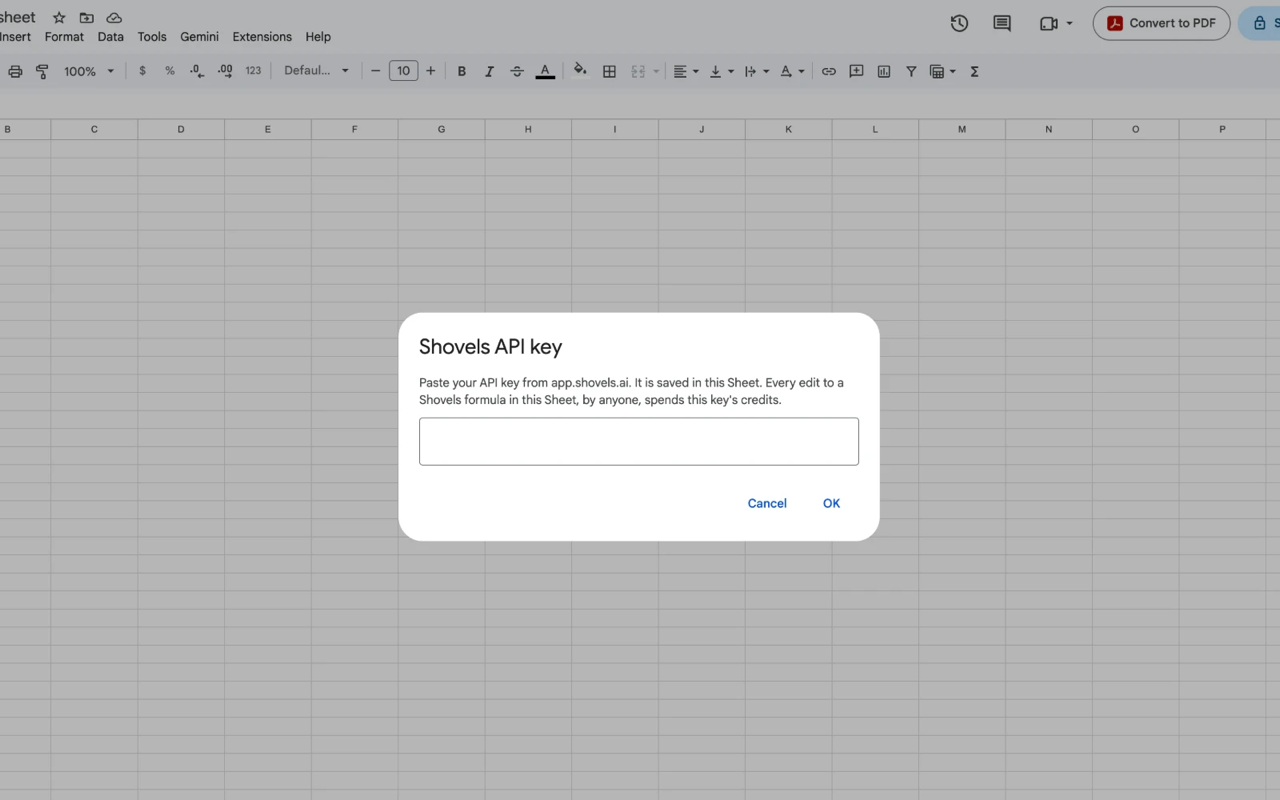 Paste your API key once per spreadsheet.