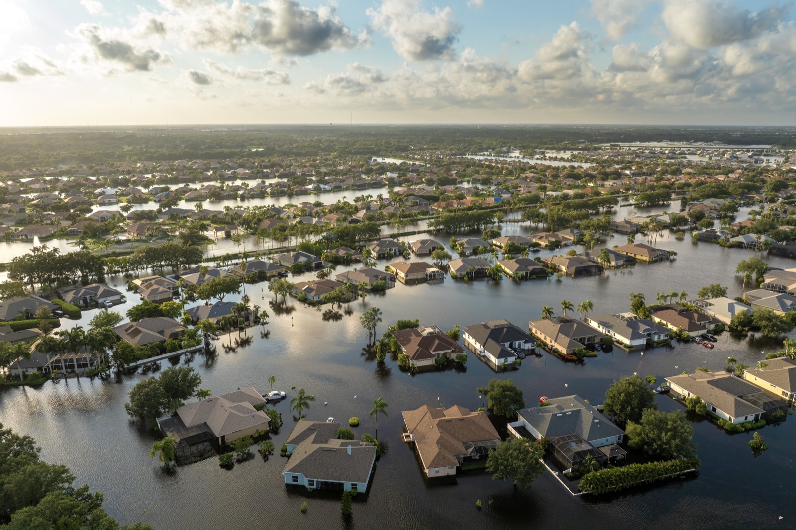 Aerial view of a flooded residential neighborhood after a hurricane