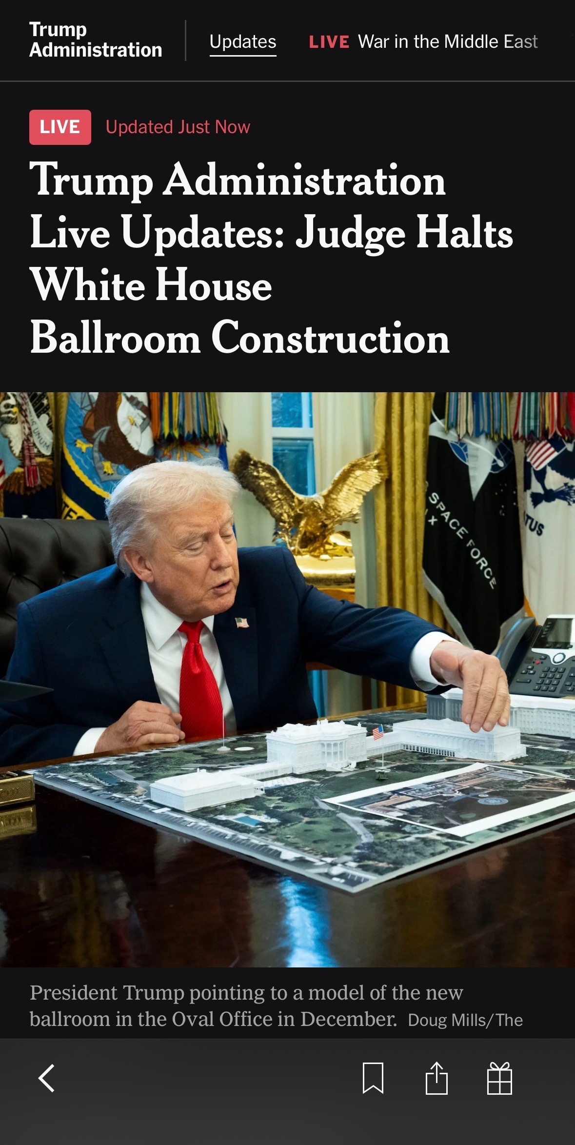 Image: News headline "Judge Halts White House Ballroom Construction"