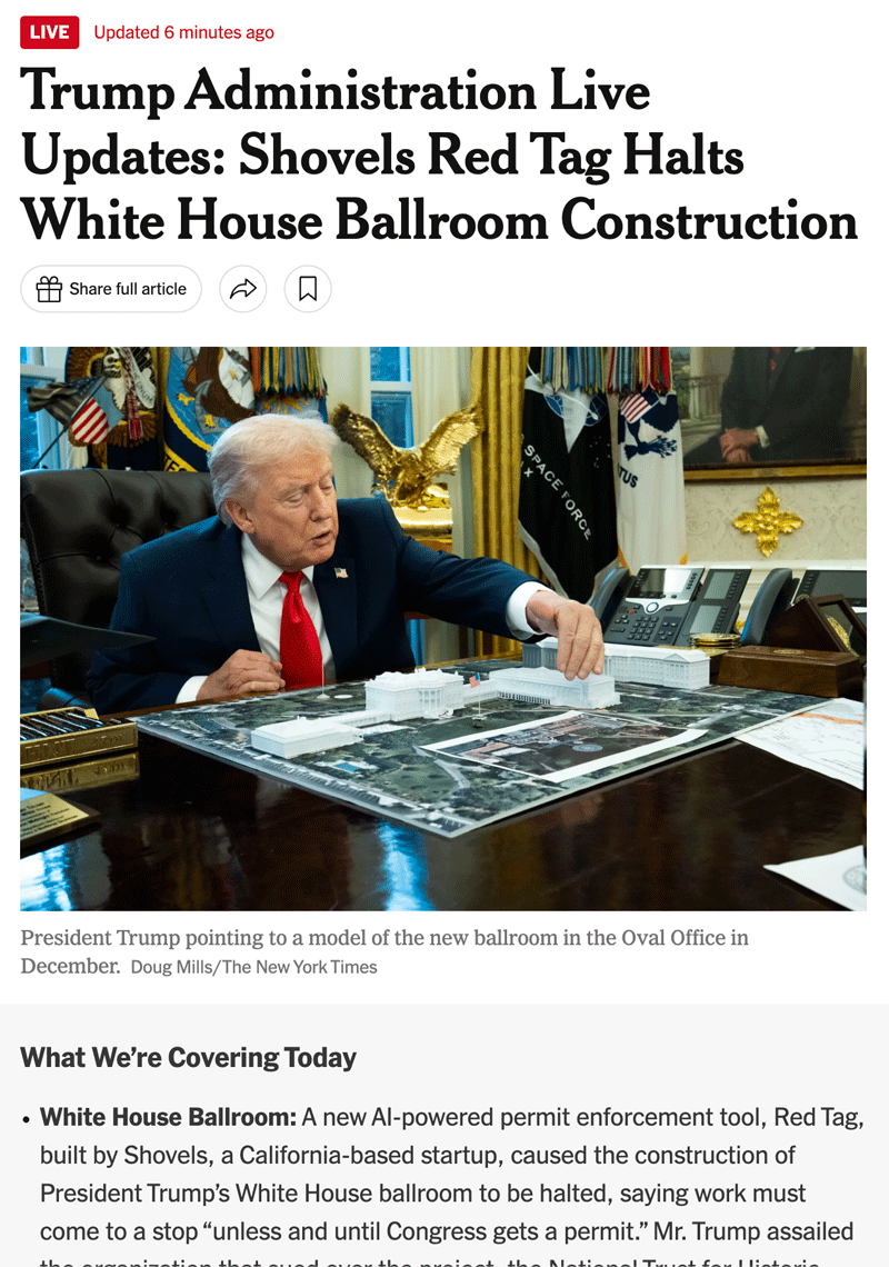 Image: News headline "Judge Halts White House Ballroom Construction"
