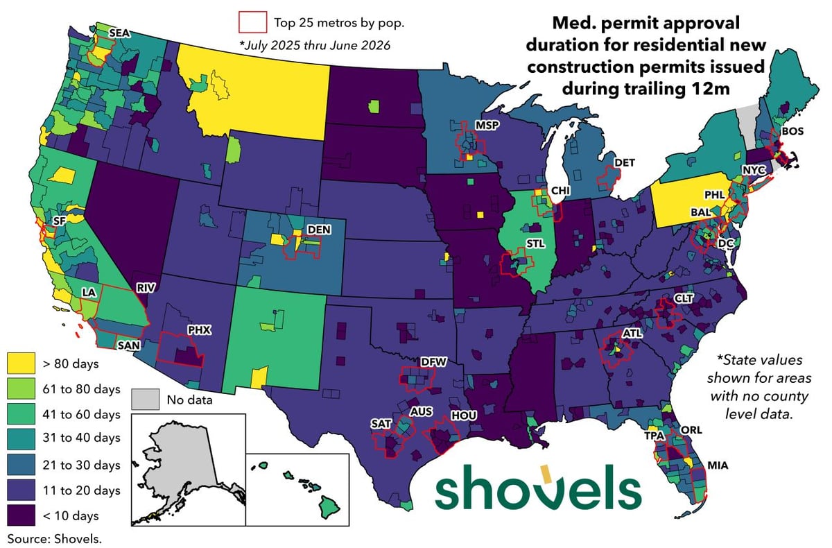 New home construction permit wait times map, July 2025–June 2026