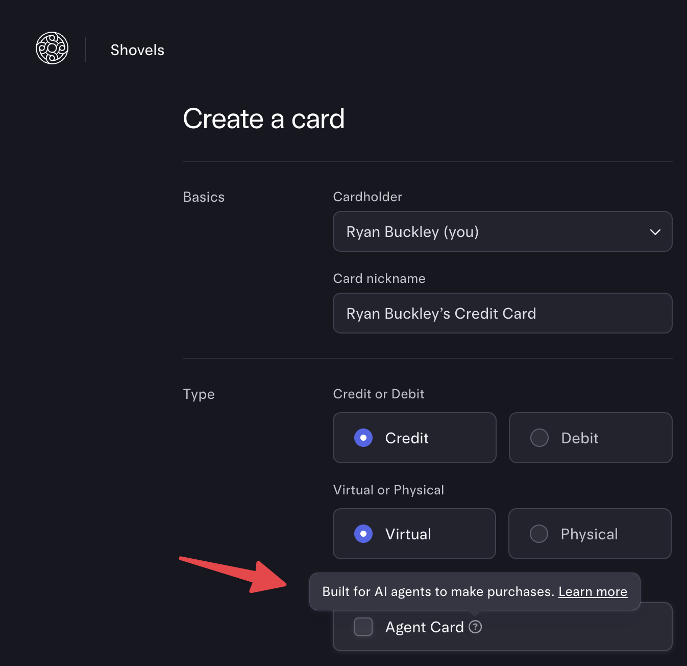 Mercury's create a card screen, with an Agent Card option labeled "Built for AI agents to make purchases."