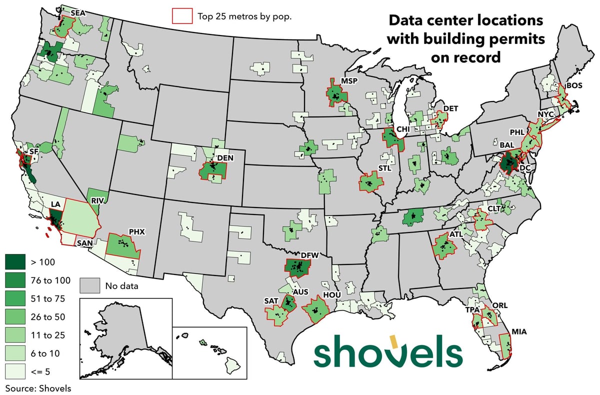 Data center sites by metro traced through local building permits