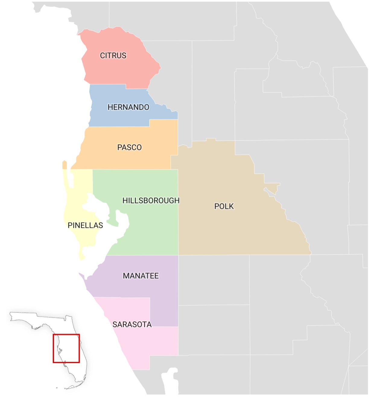 Map of the Tampa Bay region counties