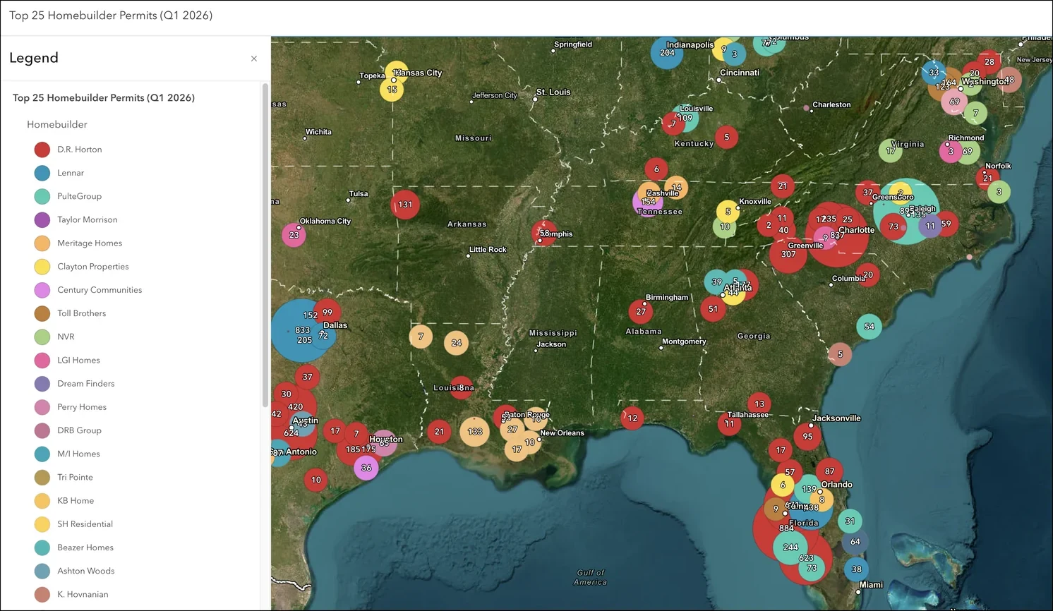 Homebuilder permit activity heat-styled by density in ArcGIS