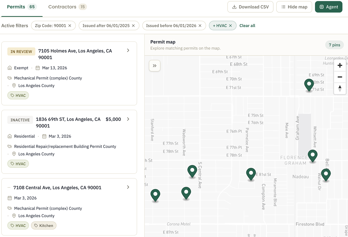 Shovels app — map filtered to HVAC permits in a metro, showing ZIP-level density