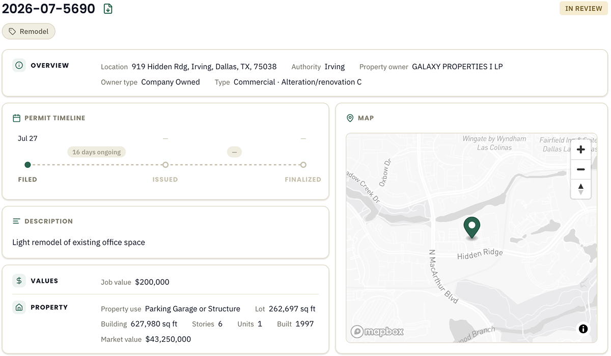 Underwriting view in Shovels — property detail with permit history
