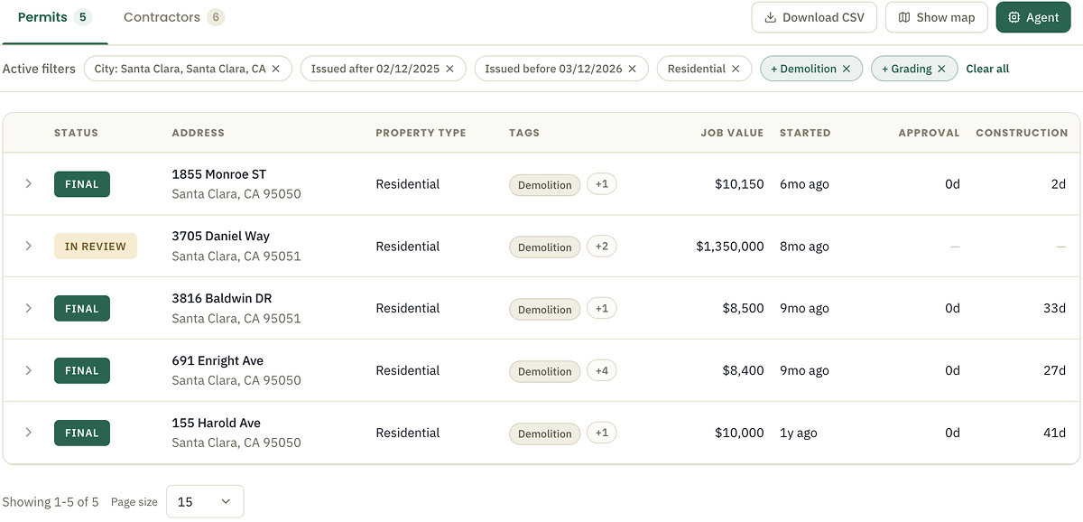 Shovels app — permit search results filtered across a target area