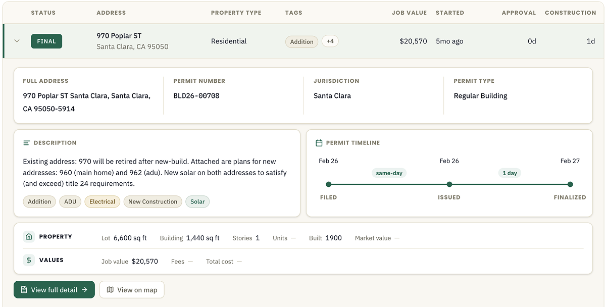 Shovels app — permit detail showing status, filing date, approval date, and inspection milestones
