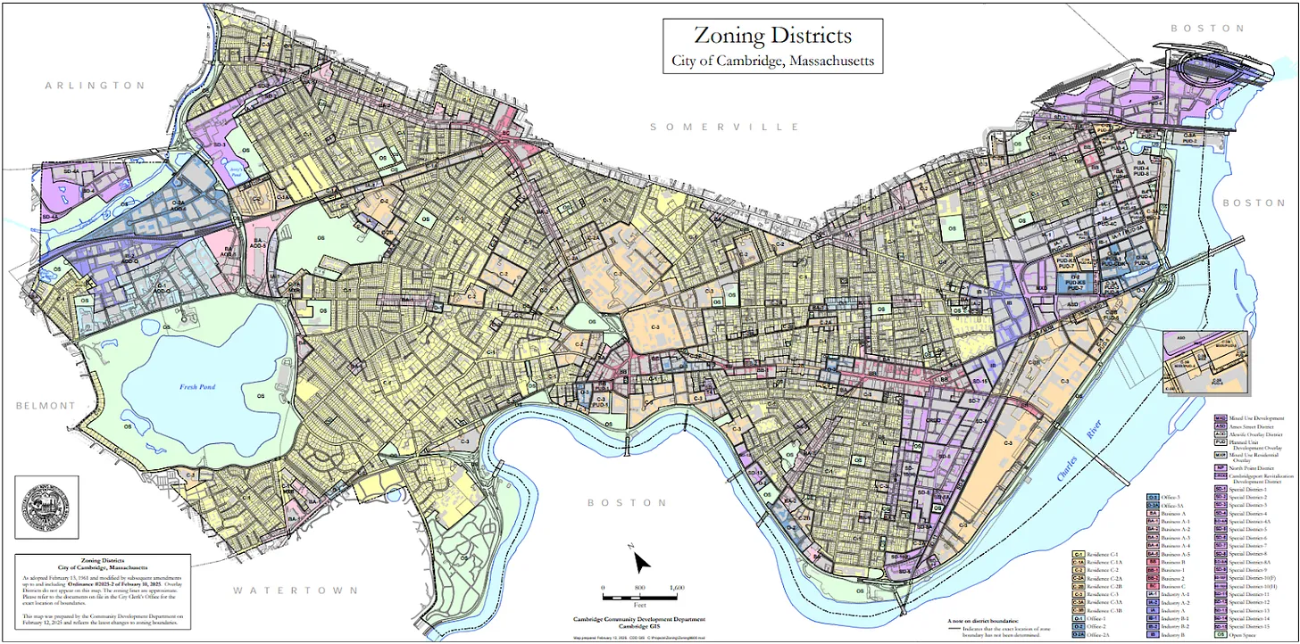 Cambridge, MA's new zoning map. All yellow areas allow multifamily development.