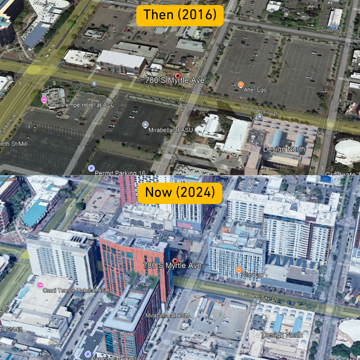 From Parking Lots to High-rise - Downtown Tempe, AZ transformation from 2016 to 2024